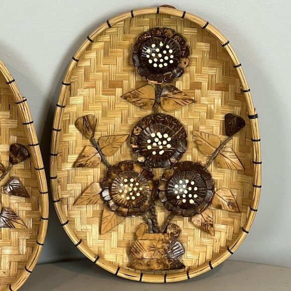 2 Vintage 70s Oval Wooden Wall Art Flowers Polynesian Tiki Boho Chic 10" - Picture 3 of 15